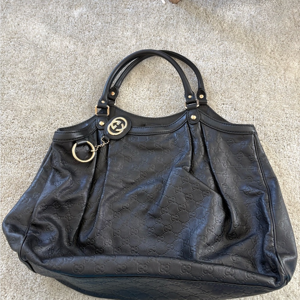 Gucci Black Leather Embossed Tote with Gold Charm